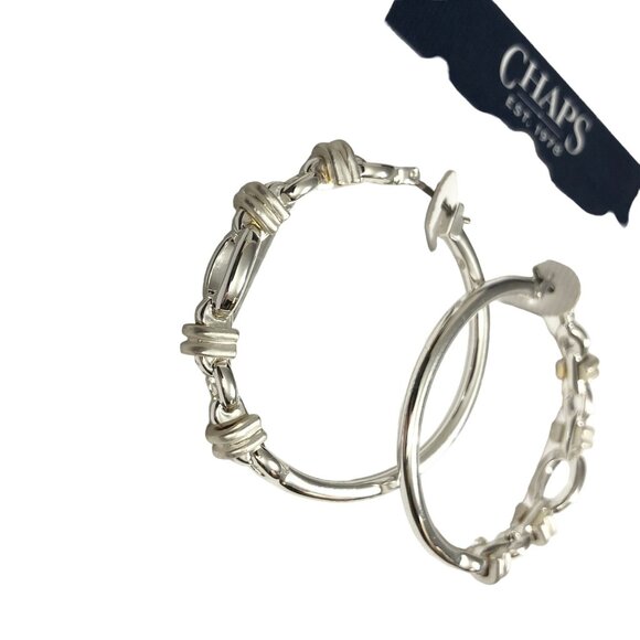 Chaps Silver Tone Hoop Earrings With Knot Design - Picture 2 of 3